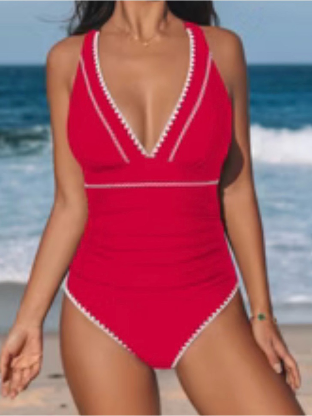 Cupshe One Piece Swimsuit V-Neck Shell Stitching Ruching Criss Cross Back Size L